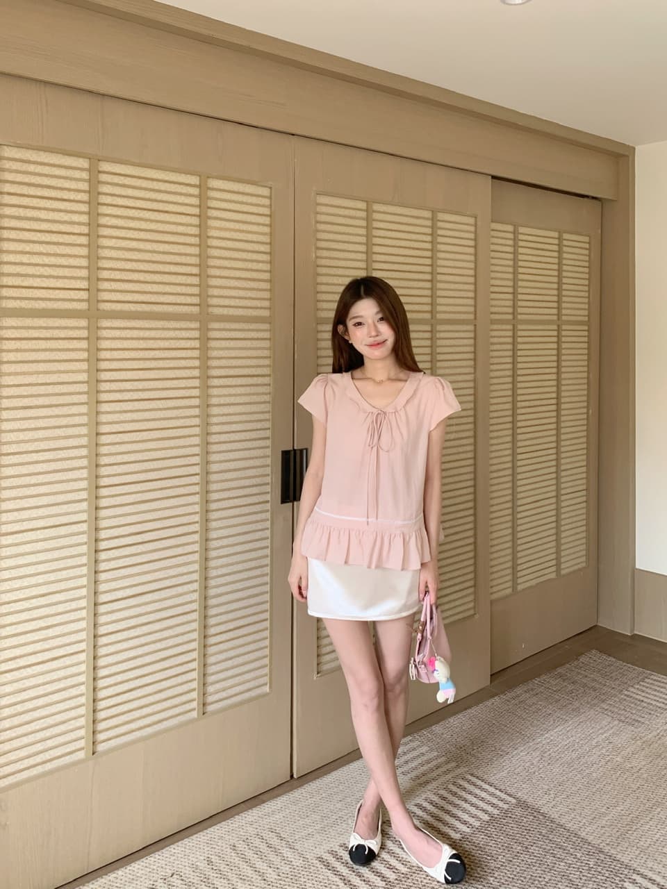 실사 베이비 칼라 핑크색 반팔 셔츠 맨위 몸매 가꾸기 타이트 스커트 반신 스커트 바지 상세 이미지 56