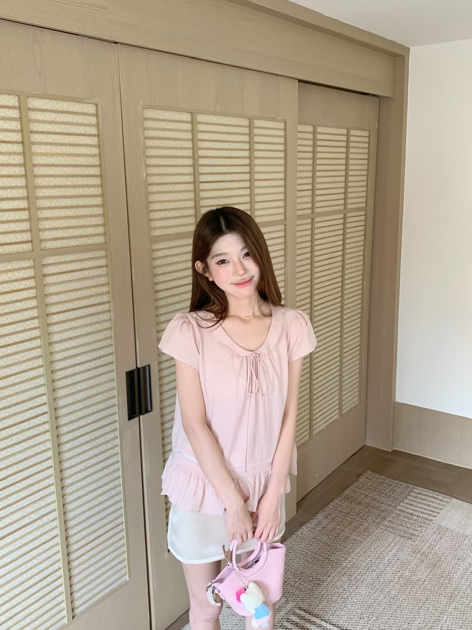 실사 베이비 칼라 핑크색 반팔 셔츠 맨위 몸매 가꾸기 타이트 스커트 반신 스커트 바지 상세 이미지 57