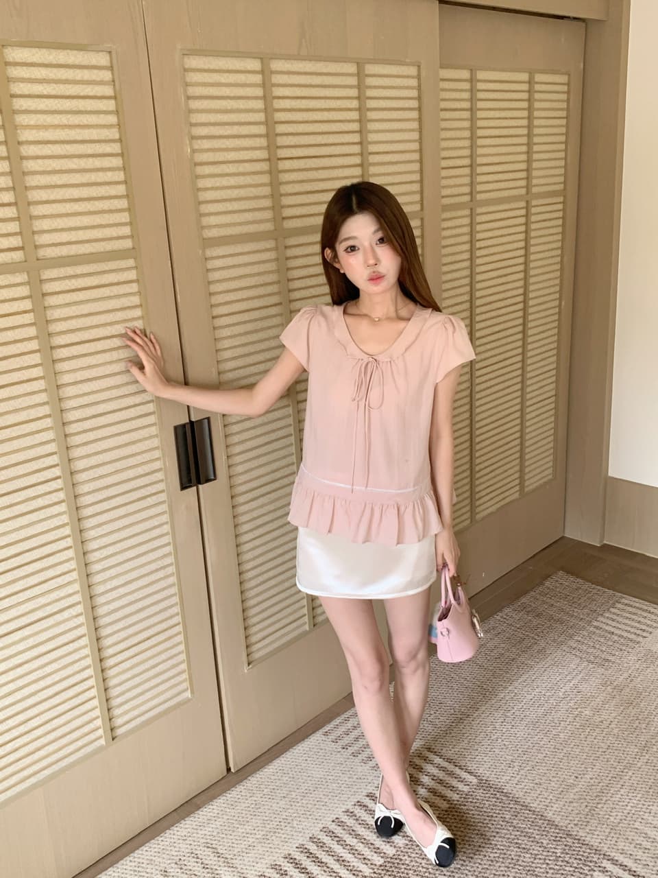 실사 베이비 칼라 핑크색 반팔 셔츠 맨위 몸매 가꾸기 타이트 스커트 반신 스커트 바지 상세 이미지 59