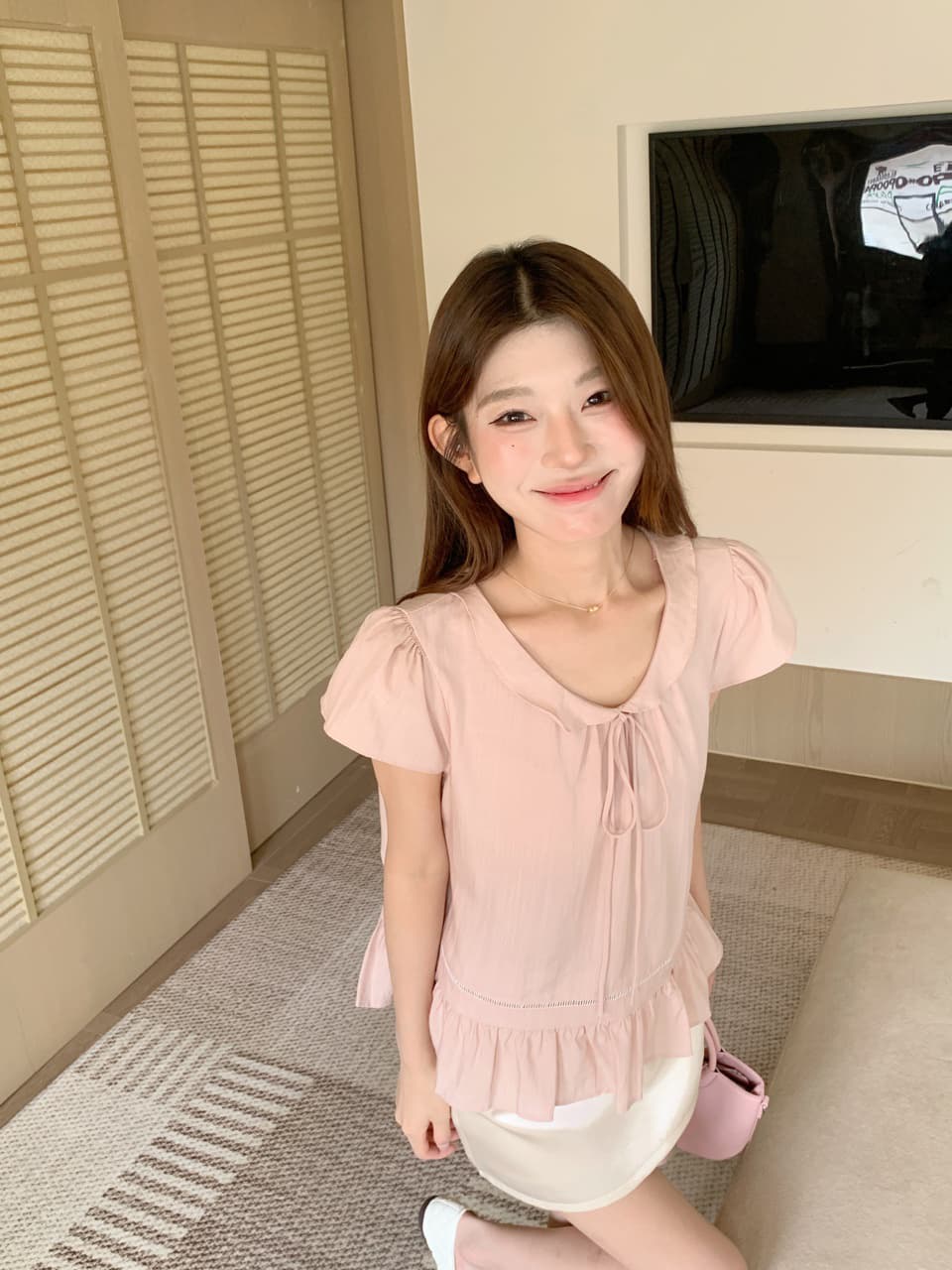 실사 베이비 칼라 핑크색 반팔 셔츠 맨위 몸매 가꾸기 타이트 스커트 반신 스커트 바지 상세 이미지 61
