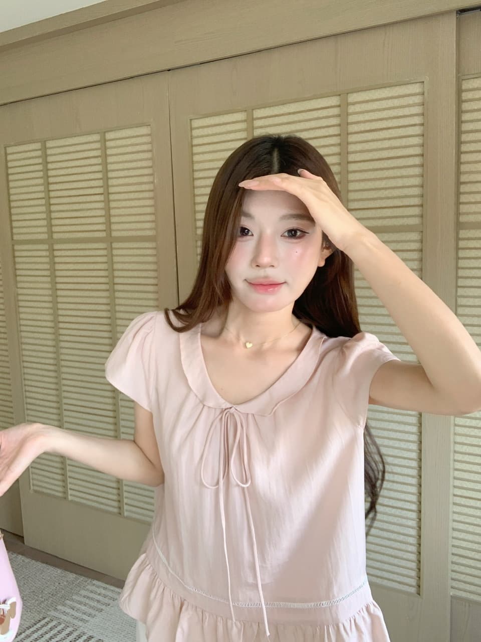 실사 베이비 칼라 핑크색 반팔 셔츠 맨위 몸매 가꾸기 타이트 스커트 반신 스커트 바지 상세 이미지 62