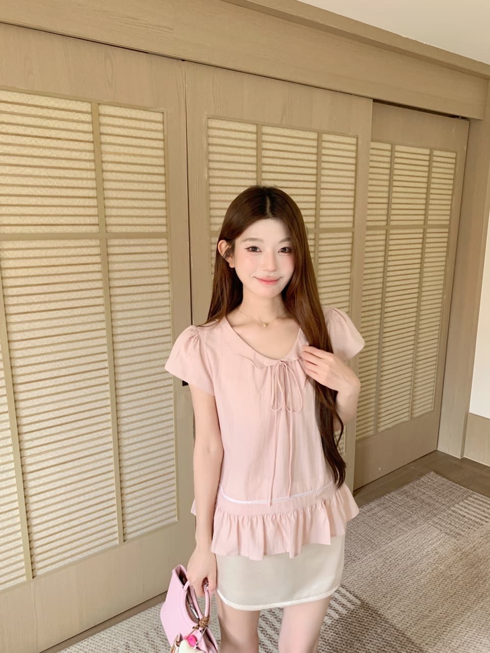 실사 베이비 칼라 핑크색 반팔 셔츠 맨위 몸매 가꾸기 타이트 스커트 반신 스커트 바지 상세 이미지 71
