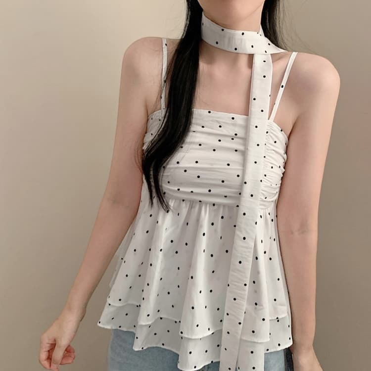 도트 무늬 프릴 민소매 맨위 행침 목 레이스업 루즈핏 캐미솔 이미지 2