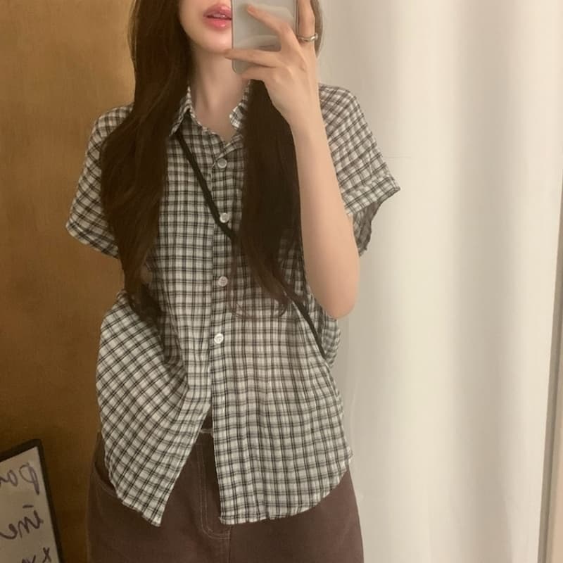 있음 선적 한국 chic 레트로 자외선 차단 체크무늬 셔츠 루즈핏 반팔 체크무늬 맨위 이미지 5