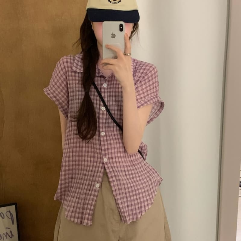 있음 선적 한국 chic 레트로 자외선 차단 체크무늬 셔츠 루즈핏 반팔 체크무늬 맨위 상세 이미지 1