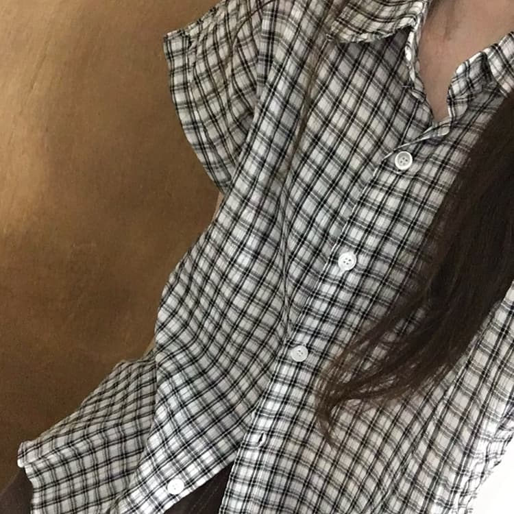 있음 선적 한국 chic 레트로 자외선 차단 체크무늬 셔츠 루즈핏 반팔 체크무늬 맨위 상세 이미지 4