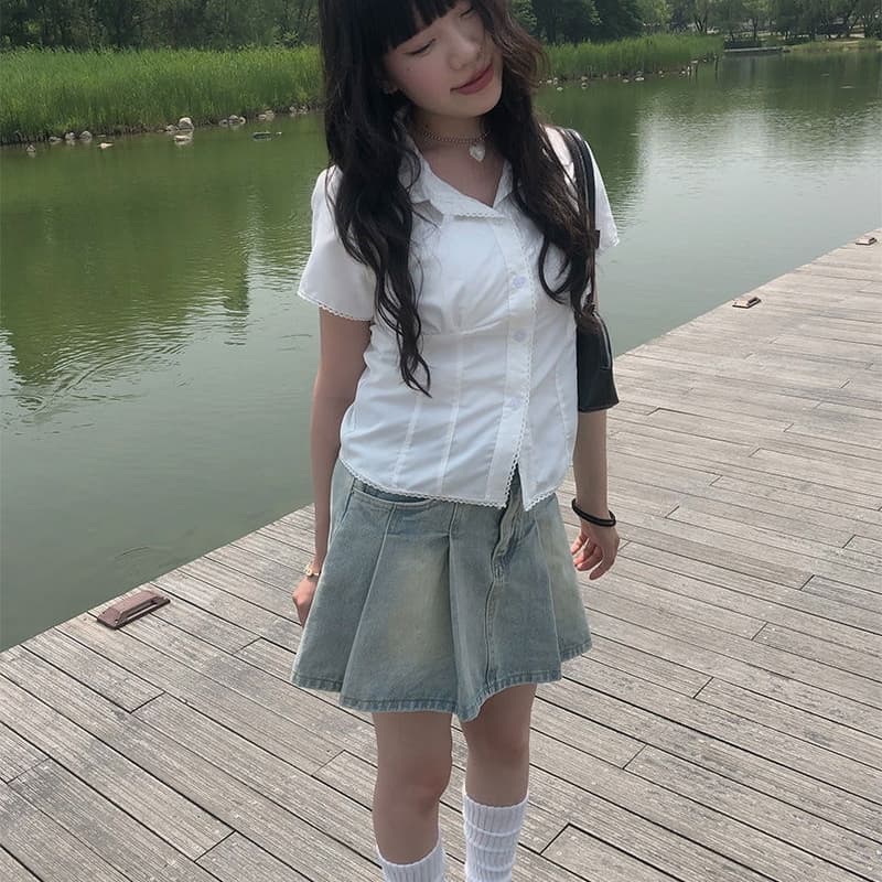 한국 chic 폴로 칼라 면 소재 레이스 몸매 가꾸기 슬림해 보이는 반팔 셔츠 이미지 3