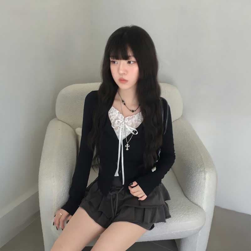 있음 선적 ins 레이스 레이스업 긴팔 티셔츠 순수한 욕망 바람 핫걸 쇼트 스타일 다용도 검정색 맨위 이미지 3
