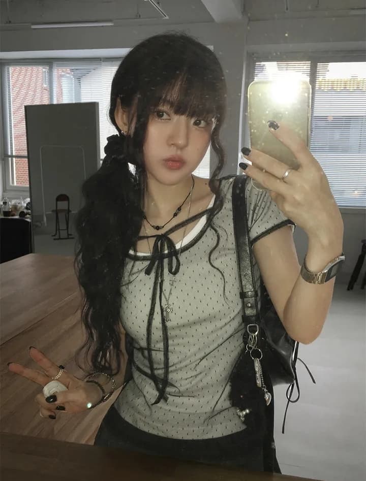 있음 선적 한국 chic 도트 무늬 시스루 레이스업 반팔 티셔츠 이미지 3
