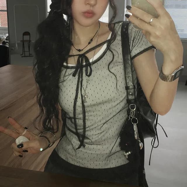 있음 선적 한국 chic 도트 무늬 시스루 레이스업 반팔 티셔츠