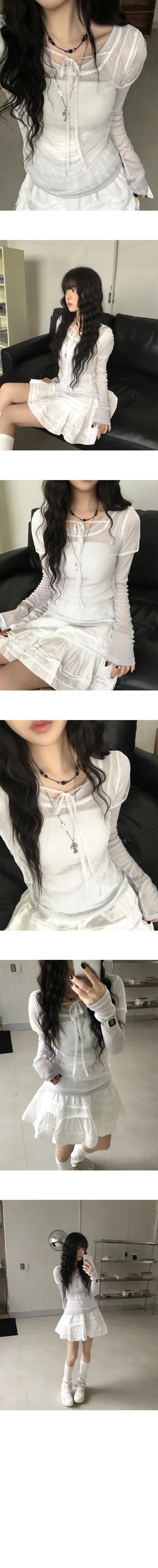 있음 선적 한국 chic 도트 무늬 시스루 레이스업 반팔 티셔츠 상세 이미지 2