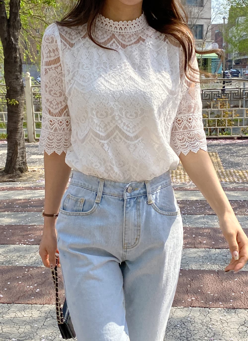 한국 ins 부문 레이스 셔츠 레이스 홀로우 아웃 오프숄더 몸매 가꾸기 반팔 맨위 이미지 3