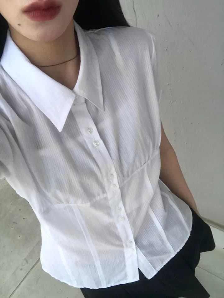 한국 chic 폴로 칼라 세로 줄무늬 주름 더블 버클 면 소재 반팔 셔츠 이미지 4
