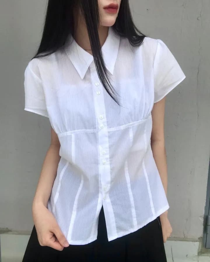 한국 chic 폴로 칼라 세로 줄무늬 주름 더블 버클 면 소재 반팔 셔츠 상세 이미지 2