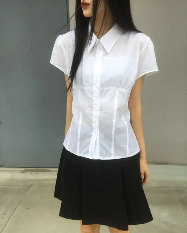 한국 chic 폴로 칼라 세로 줄무늬 주름 더블 버클 면 소재 반팔 셔츠 상세 이미지 6