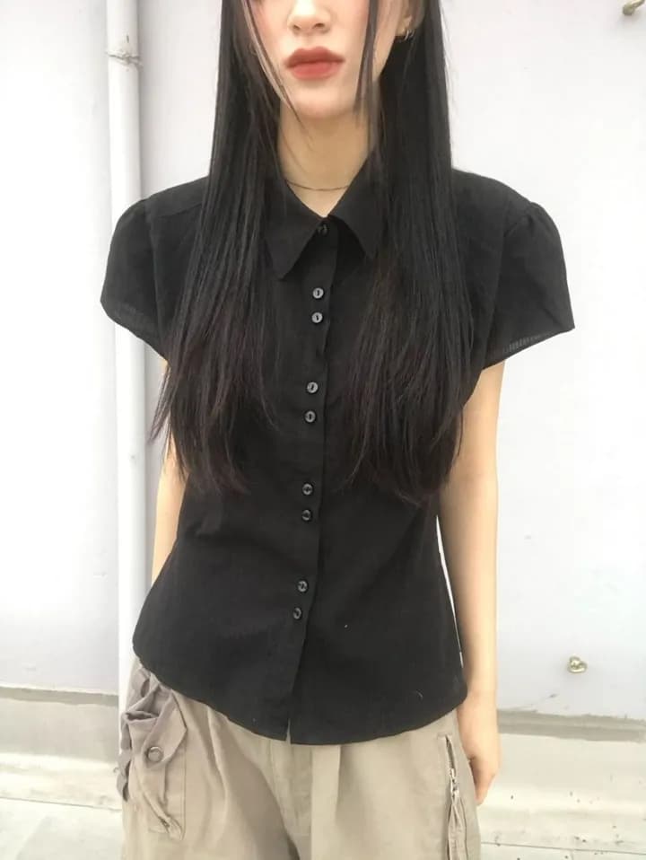 한국 chic 폴로 칼라 세로 줄무늬 주름 더블 버클 면 소재 반팔 셔츠 상세 이미지 13