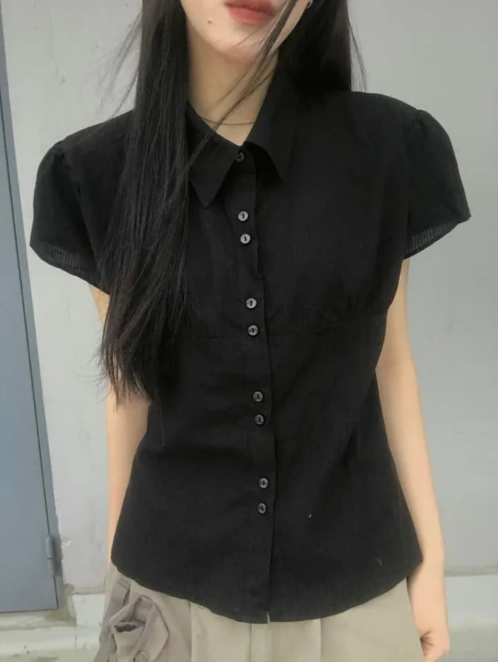 한국 chic 폴로 칼라 세로 줄무늬 주름 더블 버클 면 소재 반팔 셔츠 상세 이미지 15