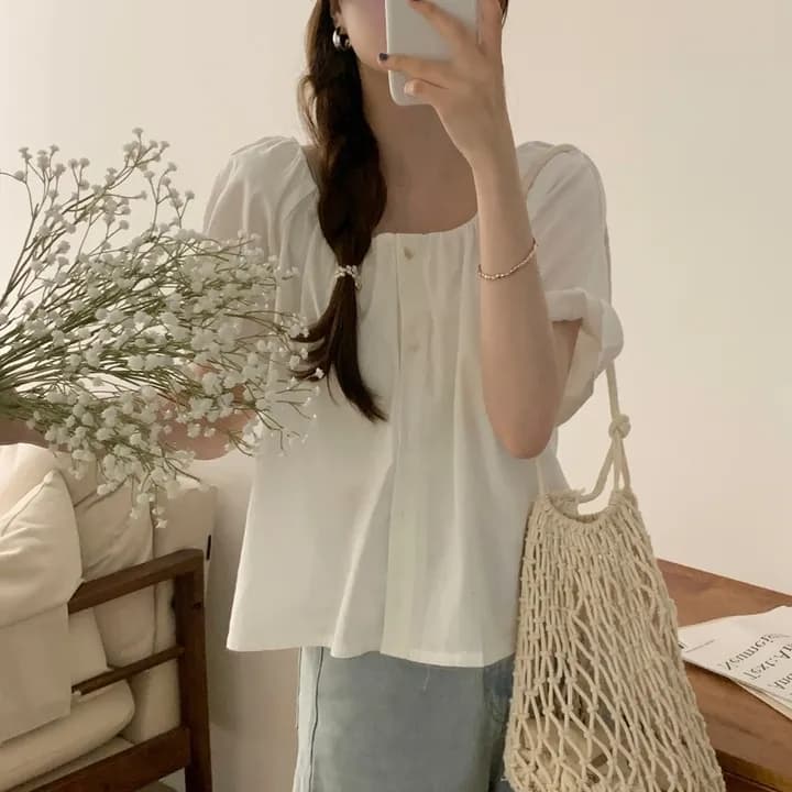 한국 chic 단색 싱글 줄 버튼 주름 루즈핏 면 린넨 반팔 셔츠 상세 이미지 3