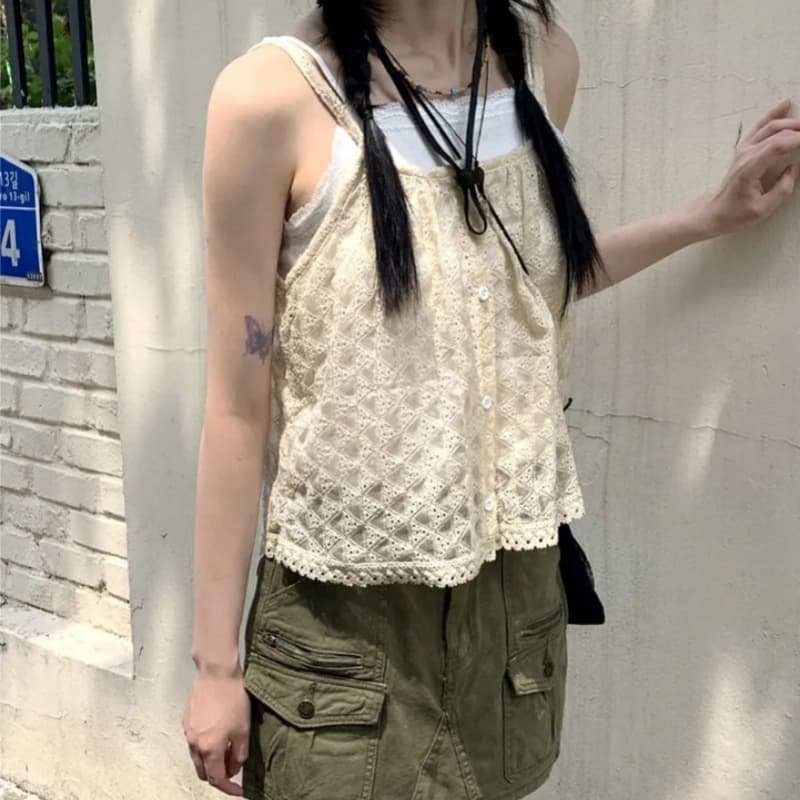 한국 chic 레이스 레이스 홀로우 아웃 싱글 줄 버튼 조끼 슬립 맨위