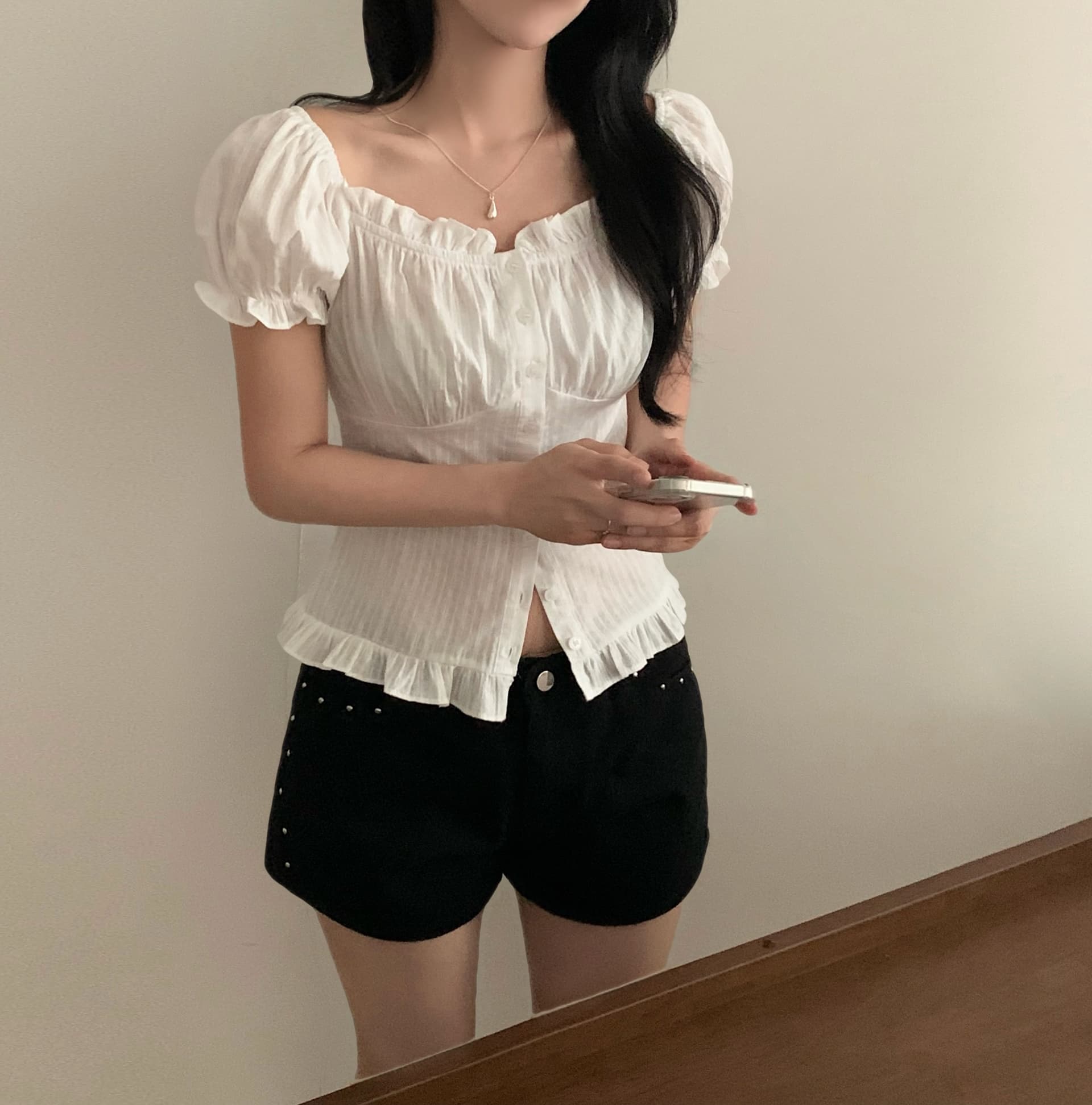 한국 chic 거품 소매 프릴 자카드 허리 수축 몸매 가꾸기 반팔 셔츠 상세 이미지 4