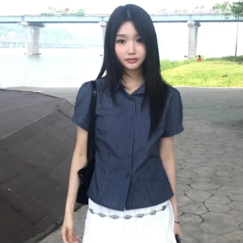 한국 chic 폴로 칼라 스트라이프 펌프 Pleat 몸매 가꾸기 반팔 셔츠 이미지 2