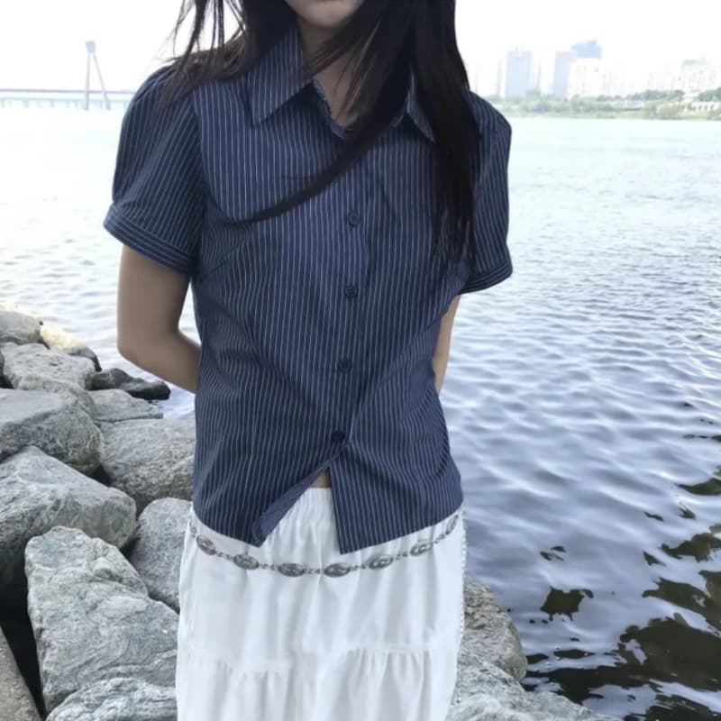한국 chic 폴로 칼라 스트라이프 펌프 Pleat 몸매 가꾸기 반팔 셔츠 이미지 5
