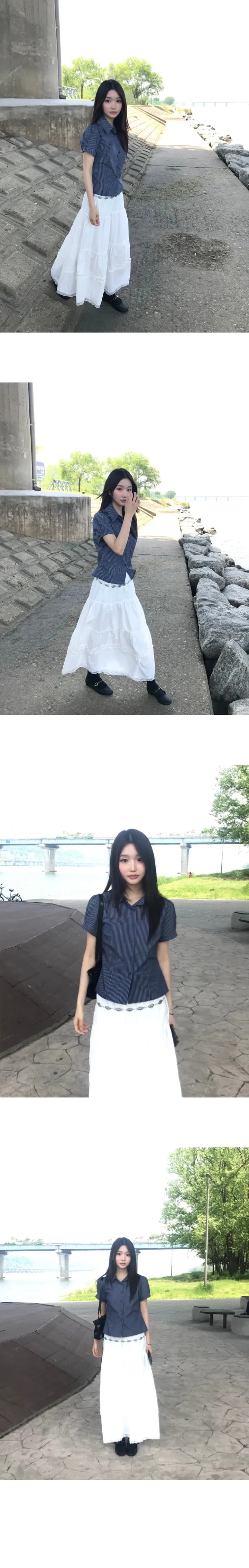 한국 chic 폴로 칼라 스트라이프 펌프 Pleat 몸매 가꾸기 반팔 셔츠 상세 이미지 3