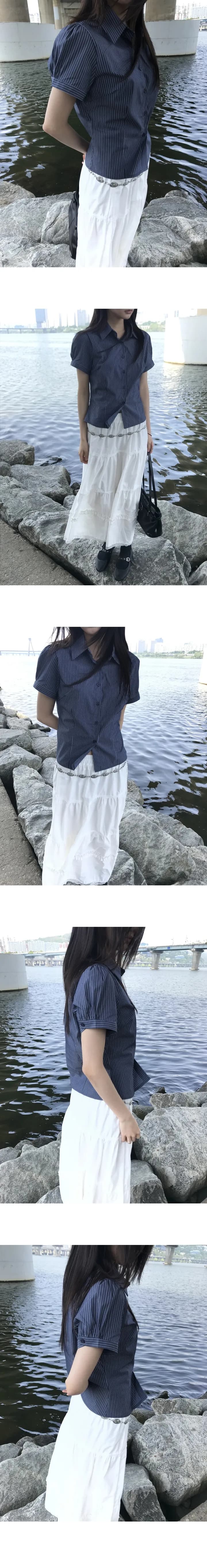 한국 chic 폴로 칼라 스트라이프 펌프 Pleat 몸매 가꾸기 반팔 셔츠 상세 이미지 4