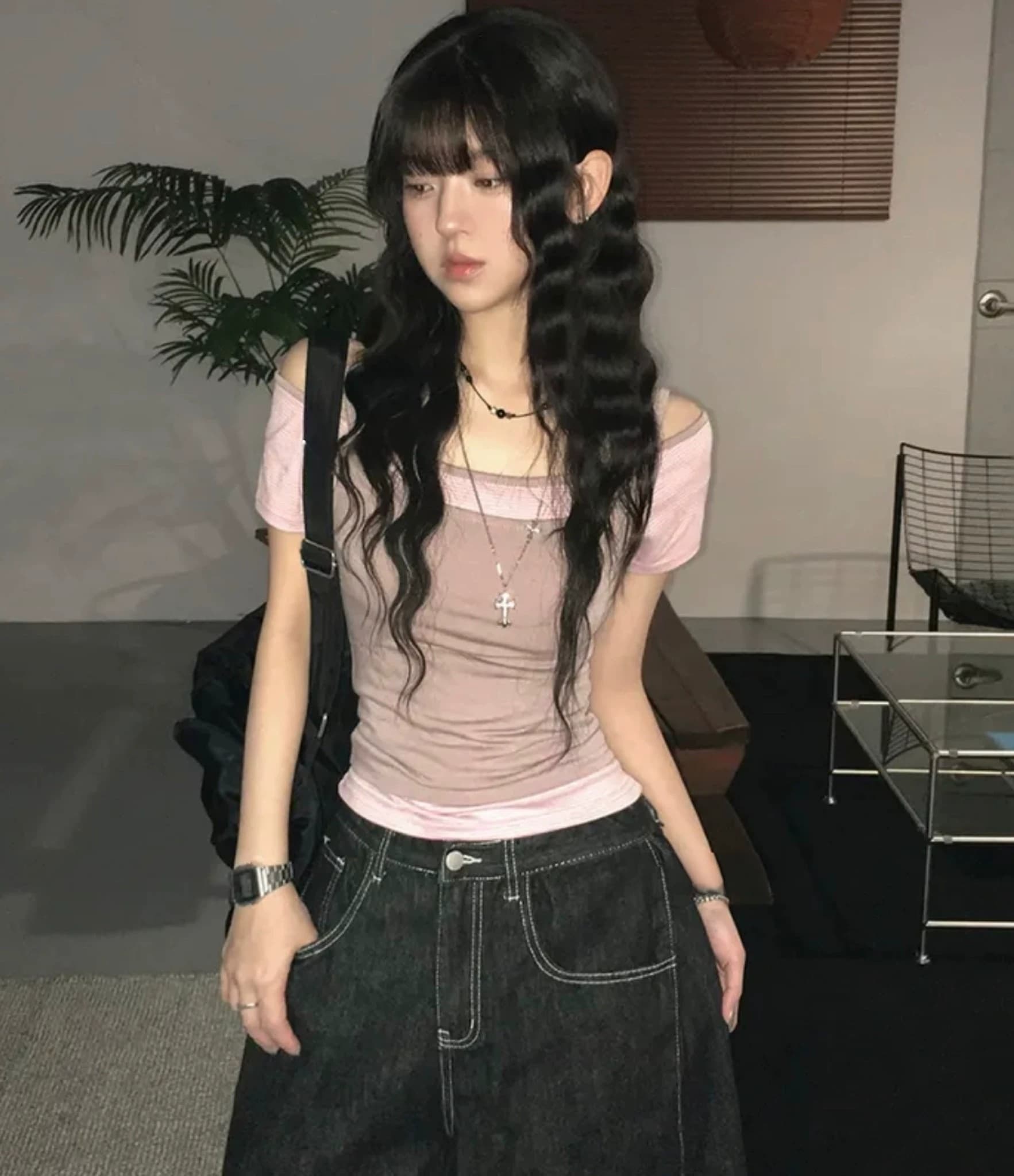 있음 선적 한 부서 여름 스택 착용 오프숄더 슬림해 보이는 다용도 스트라이프 반팔 캐미솔 투피스 세트 맨위