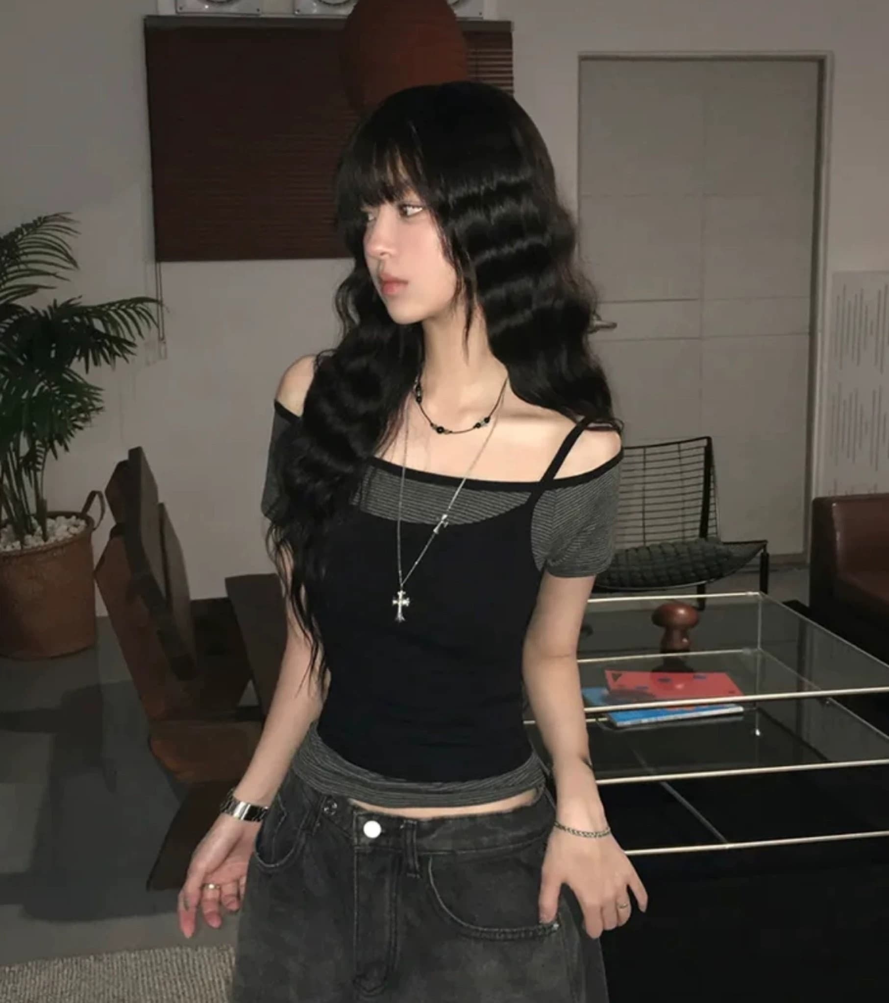 있음 선적 한 부서 여름 스택 착용 오프숄더 슬림해 보이는 다용도 스트라이프 반팔 캐미솔 투피스 세트 맨위 상세 이미지 9
