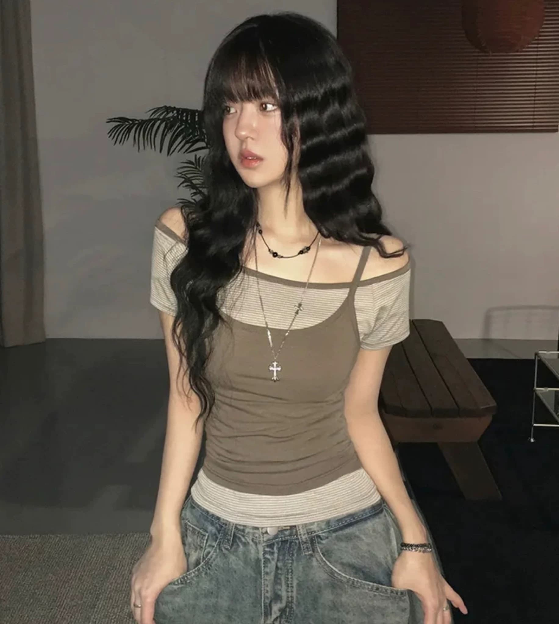 있음 선적 한 부서 여름 스택 착용 오프숄더 슬림해 보이는 다용도 스트라이프 반팔 캐미솔 투피스 세트 맨위 상세 이미지 18
