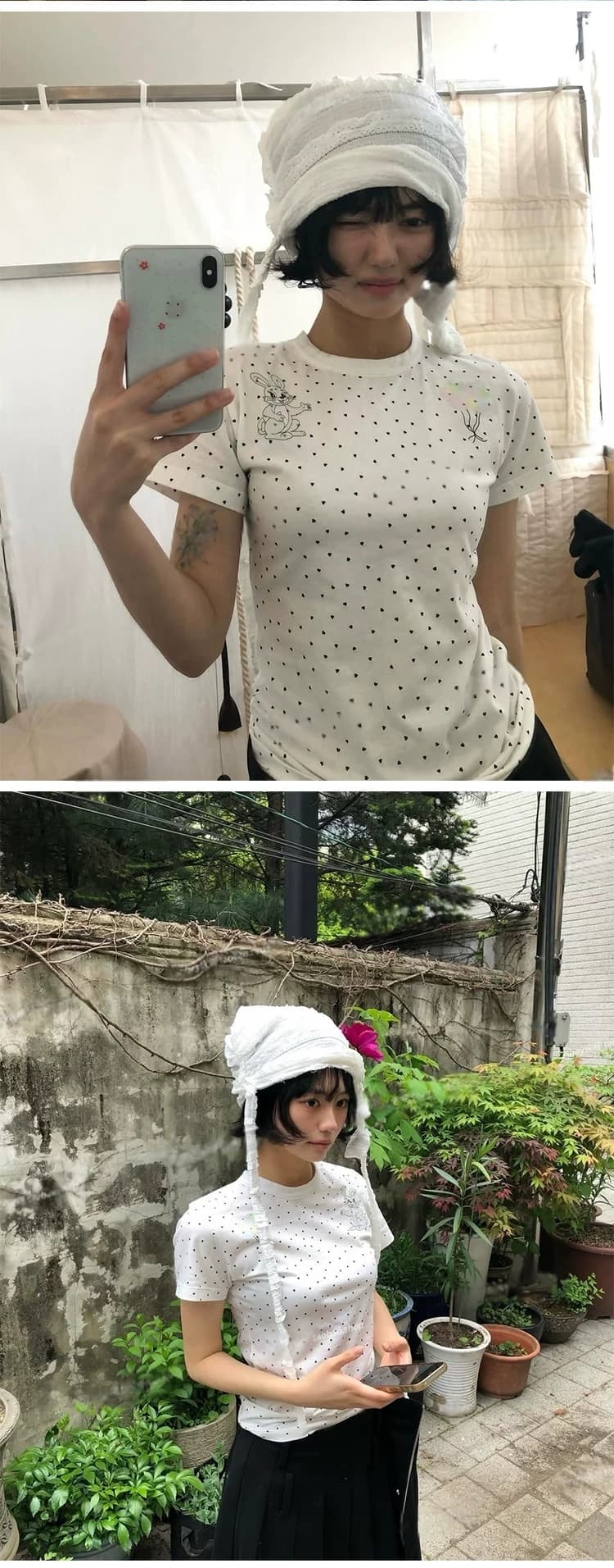 한 부서 레트로 귀여운 토끼 도트 무늬 프린트 긍정적 인 어깨 몸매 가꾸기 반팔 티셔츠 상세 이미지 2