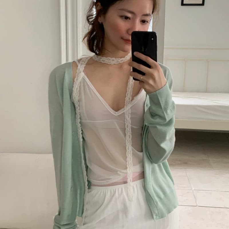 한 부서 레이스 측면 망사 시스루 스택 착용 다용도 캐미솔 맨위 이미지 2