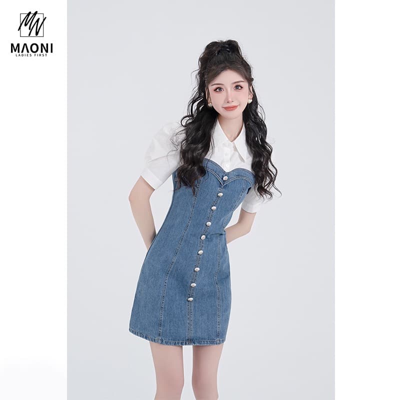 임산부 모유 수유 ladiest 루프 하트 비트 배색 패치워크 작은 샤넬 스타일 레트로 프랑스식 허리 수축 드레스 이미지 4