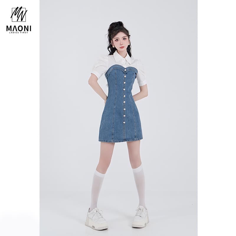 임산부 모유 수유 ladiest 루프 하트 비트 배색 패치워크 작은 샤넬 스타일 레트로 프랑스식 허리 수축 드레스 상세 이미지 3