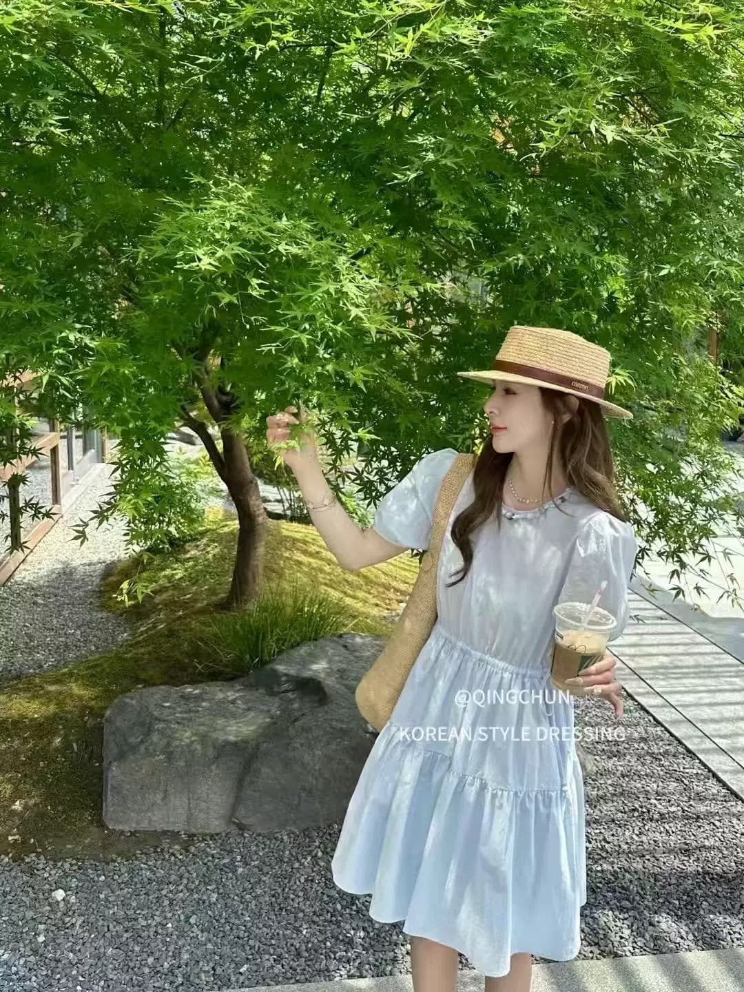 임산부 수유 프랑스식 u 칼라 거품 소매 여성 드레스 여름 작은 키 허리 수축 슬림해 보이는 아름다운 첫사랑 치마 상세 이미지 3