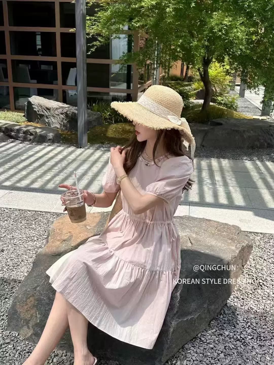 임산부 수유 프랑스식 u 칼라 거품 소매 여성 드레스 여름 작은 키 허리 수축 슬림해 보이는 아름다운 첫사랑 치마 상세 이미지 6
