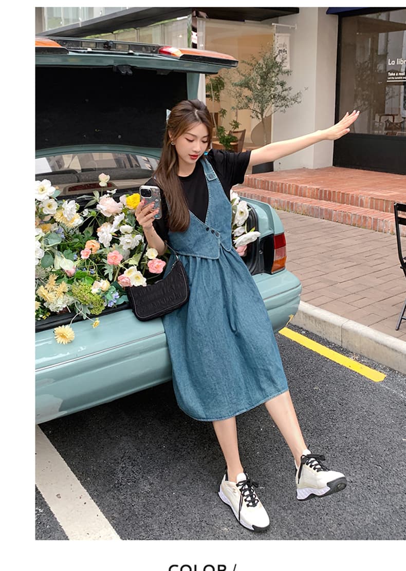 실사 임신 피드 페이크 레이어드 패치워크 데님 여성 드레스 여름 학원 스타일 레트로 작은 키 허리 수축 A라인 스커트 상세 이미지 11
