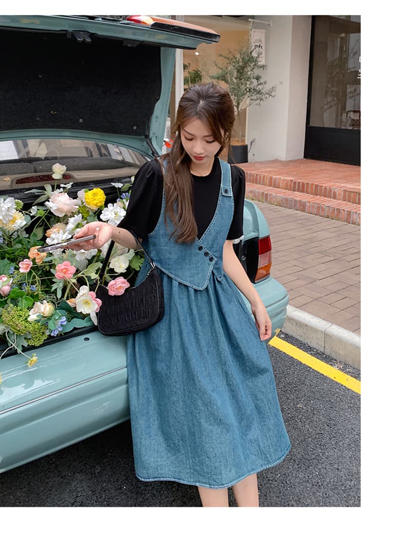 실사 임신 피드 페이크 레이어드 패치워크 데님 여성 드레스 여름 학원 스타일 레트로 작은 키 허리 수축 A라인 스커트 상세 이미지 15