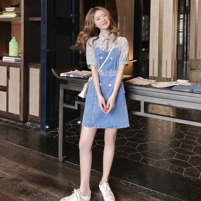 임산부 수유 2025 여름 페이크 레이어드 데님 패치워크 인터넷 유명인 슬림해 보이는 체크무늬 셔츠 칼라 드레스 이미지 4