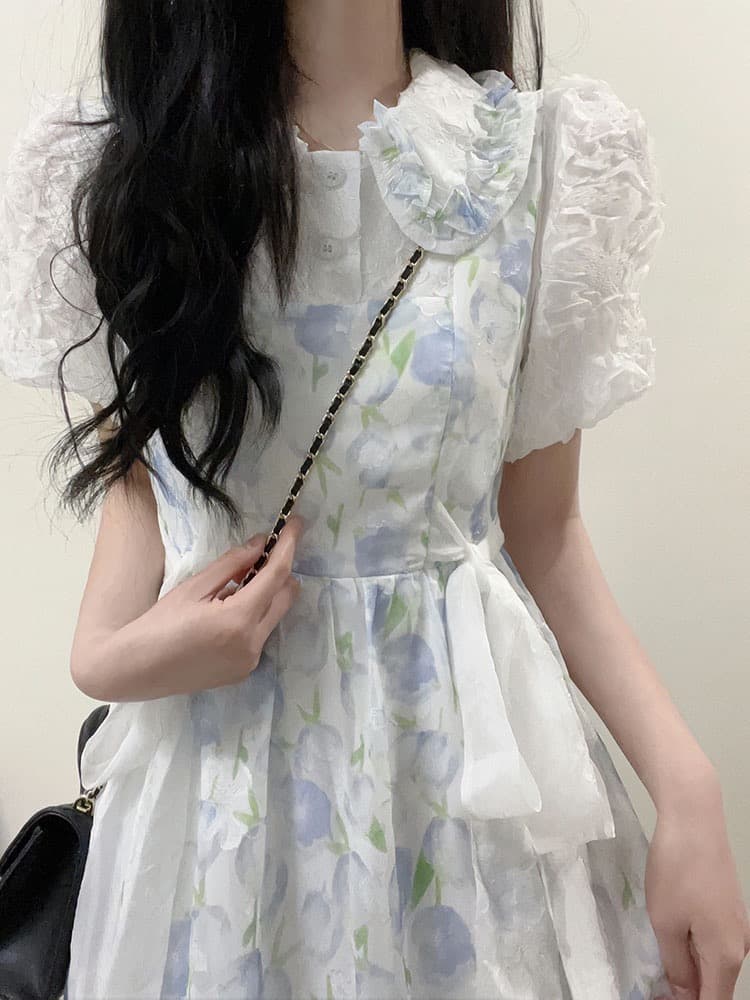 임산부 수유 프랑스식 베이비 칼라 꽃무늬 여성 드레스 여름 2026 슈퍼 요정 센 부서 허리 수축 치마 튤립 상세 이미지 2