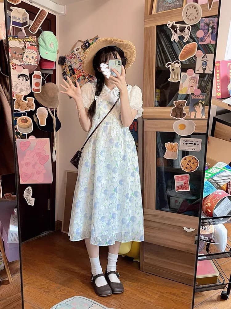 임산부 수유 프랑스식 베이비 칼라 꽃무늬 여성 드레스 여름 2026 슈퍼 요정 센 부서 허리 수축 치마 튤립 상세 이미지 3