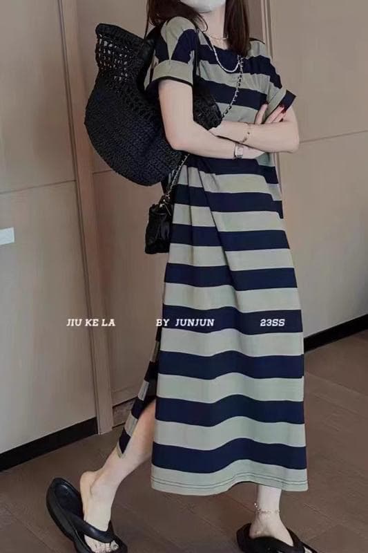 임산부 수유 여름 새로운 자수 배색 스트라이프 측면 트임 반팔 드레스 캐주얼 게으른 t 치마 트렌디 이미지 4