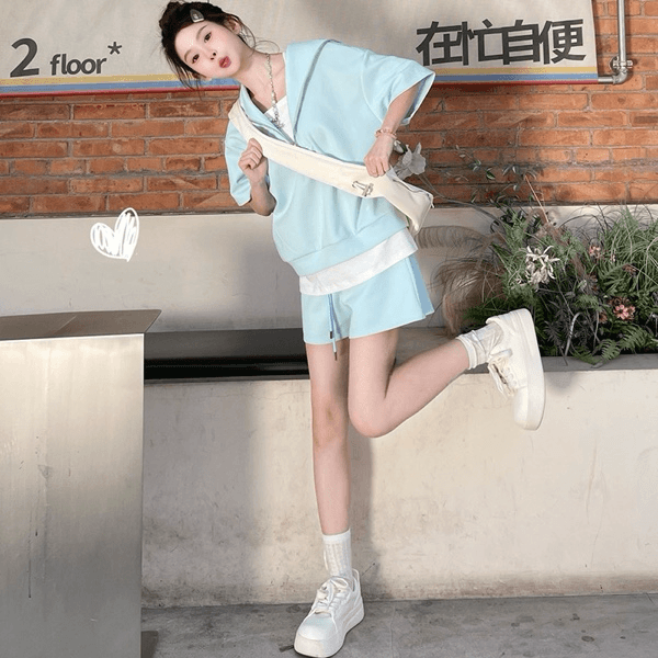 임산부 수유 느긋한 바람 페이크 레이어드 반팔 맨위 넓은 다리가 짧다. 바지 세트 여성 여름 새로운 투피스 세트 슬림해 보이는 이미지 4
