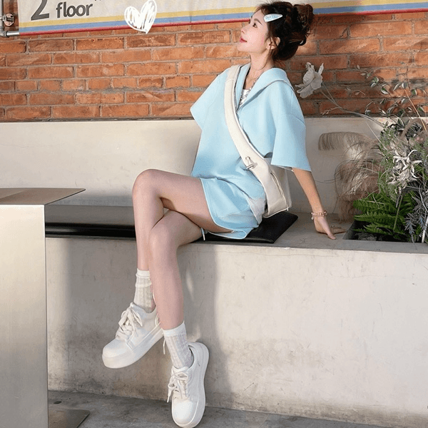 임산부 수유 느긋한 바람 페이크 레이어드 반팔 맨위 넓은 다리가 짧다. 바지 세트 여성 여름 새로운 투피스 세트 슬림해 보이는 이미지 5
