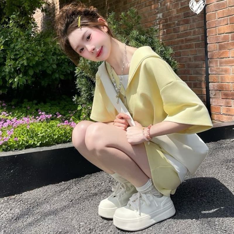 임산부 수유 느긋한 바람 페이크 레이어드 반팔 맨위 넓은 다리가 짧다. 바지 세트 여성 여름 새로운 투피스 세트 슬림해 보이는 이미지 6
