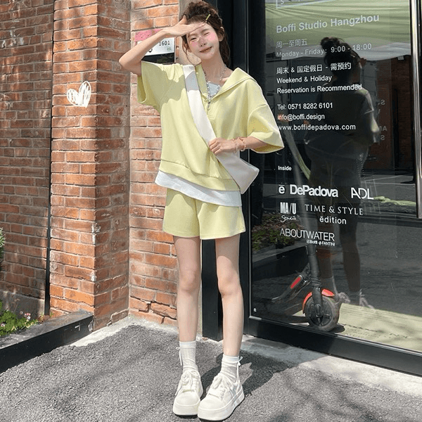 임산부 수유 느긋한 바람 페이크 레이어드 반팔 맨위 넓은 다리가 짧다. 바지 세트 여성 여름 새로운 투피스 세트 슬림해 보이는 상세 이미지 5