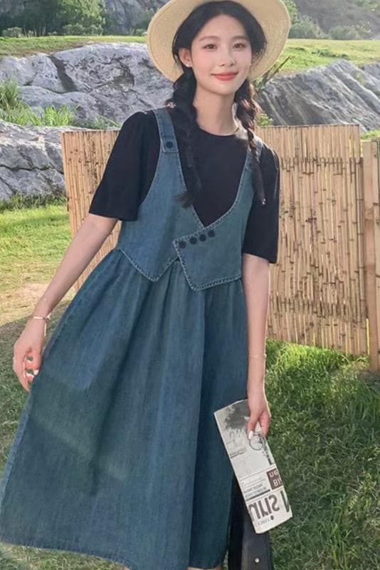 임산부 수유 페이크 레이어드 패치워크 데님 여성 드레스 여름 학원 스타일 레트로 작은 키 허리 수축 A라인 스커트 이미지 2
