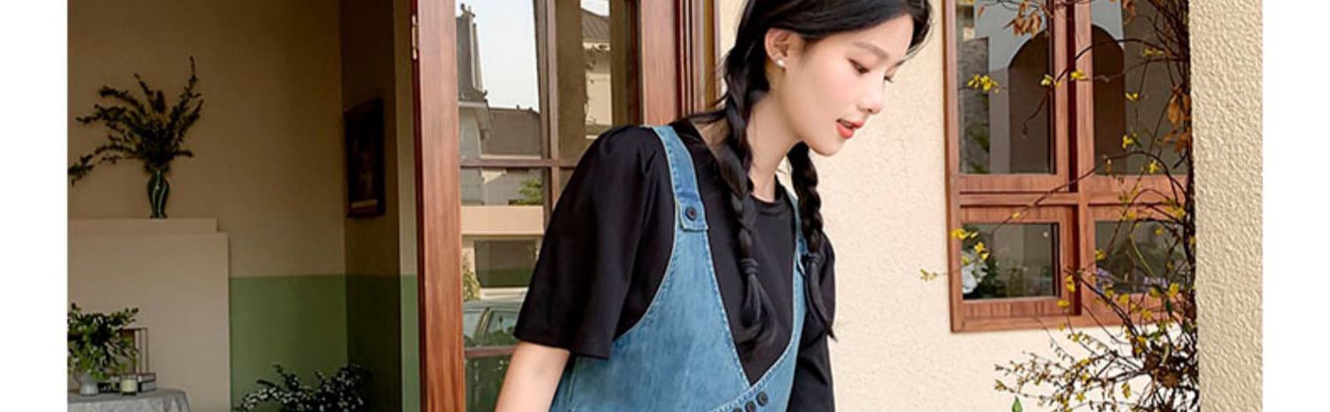 임산부 수유 페이크 레이어드 패치워크 데님 여성 드레스 여름 학원 스타일 레트로 작은 키 허리 수축 A라인 스커트 상세 이미지 7