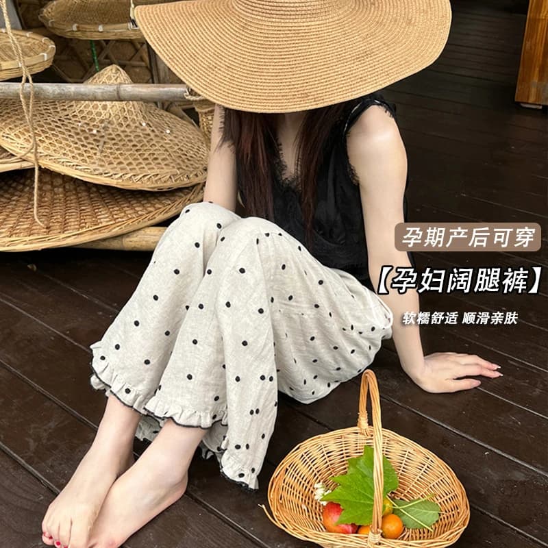 패션 임산부 와이드 레그 팬츠 여름 새로운 루즈핏 다용도 슬림해 보이는 캐주얼 도트 무늬 와이드 레그 팬츠 외국 가스 연령 감소 바지 이미지 2